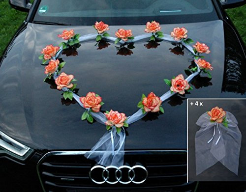 Organza Herz Auto Schmuck Braut Paar Rose Deko Dekoration Autoschmuck Hochzeit Car Auto Wedding Deko Girlande PKW (Orange/Weiß)