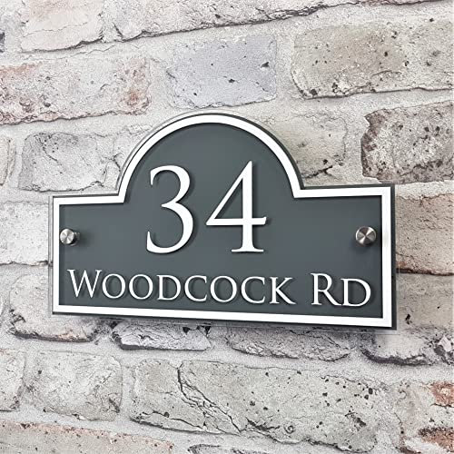 House Number Sign Address Plaque Street Name plate Modern 'Bridge' Personalised MADE TO ORDER Slate Grey & White Glass Effect Acrylic