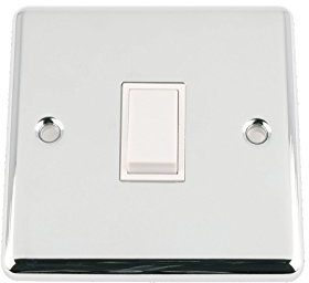 Light Switch 1 Gang - Polished Chrome - Classic - White Insert Plastic Switch - 10 Amp Single 1 Gang 2 Way