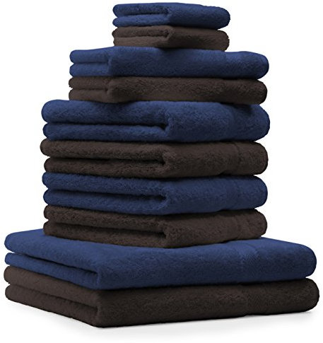 Betz 10-TLG. Handtuch-Set Premium 100% Baumwolle 2 Duschtücher 4 Handtücher 2 Gästetücher 2 Waschhandschuhe Farbe Dunkel Blau & Dunkel Braun