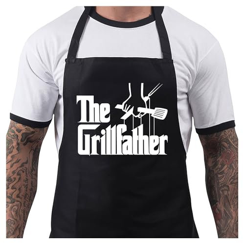 BBQ Aprons for Men, Funny Cooking BBQ Apron in 100% Cotton, Adjustable with 2 Pockets, Birthday, Christmas, Cooking Gifts for dad, chef, husband, him - Grillfather - Black