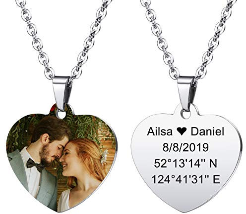 MeMeDIY Personalisierte Herz Anhänger für Männer Frauen Gravur Name/Text/Datum/Farbbild Gravierte Foto Halskette für Paare Brautjungfer Geschenke Bester Freund Edelstahl Liebhaber Schmuck (Silber)