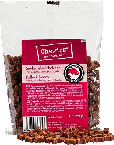 Chewies Hundeleckerli Lachs Knöchelchen - 4 x 125 g - Trainingsleckerli für Hunde - Fleisch Softies ohne Zucker - Hundesnacks mit hohem Fleischanteil (500 g)