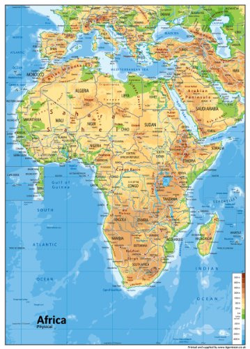 Tiger Moon Africa Physical Map - A1 Size, Paper Laminated, Glossy Finish | Detailed Laminated Wall Map, Ideal For Home, Office Or Classroom Display.