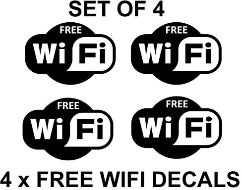 4 x Free Wifi Cartel Símbolos Adhesivos Internet Café Bar Club Oficina De La Tienda (15cm x 10cm) NEGRO
