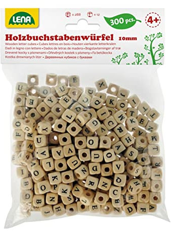 Lena 32005 Bastelset Buchstabenwürfel aus Holz, 300 Fädelperlen Form und mit Buchstaben, Holzperlen Kinder ab 3 Jahre, Perlen Set zum selber Basteln von Perlenschmuck, Würfel Natur-Schwarze Schrift