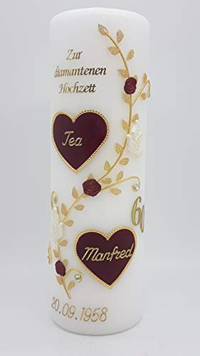 Hochzeitskerze DH-17g mit Namen & Datum Diamantene Hochzeit 60 in verschiedenen Farben