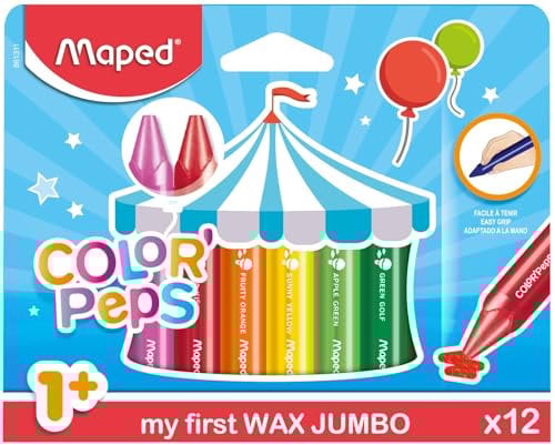 Maped Ceras de Colores Wax Jumbo, Set de 12 Crayones para Niños, Tacto Suave y Compacto con Funda de Papel para No Manchar, Colores Vibrantes y Resistentes