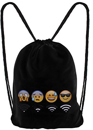 Hanessa Jutebeutel WiFi Lachendes Gesicht in schwarz Emoticon Emoticons Lachendes Gesicht Smilie Motiv Aufdruck Sportbeutel Tüte Rucksack Beutel Tasche Gym Bag Gymsack Hipster Fashion Sport-Tasche