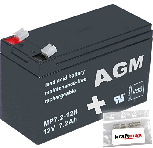 kraftmax 1x AGM 12V / 7,2Ah Blei-Akku - MP7,2-12B [ Faston 6,3 ] VDs geprüft - inkl. 2X Original Anschluß-Adapter