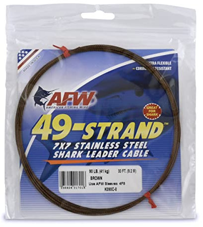 American Fishing Wire 49 Strand, 7x7 Stainless Steel Shark Leader Cable, 90 lb / 41 kg Test, .031 in / 0.79 mm Dia, Camo, 30 ft / 9.2 m