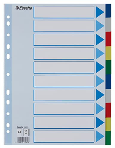 Esselte Register für A4, Deckblatt und 10 Trennblätter mit Taben, Mehrfarbig, Robuster Kunststoff, 15261