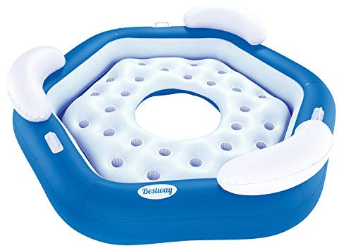BESTWAY 43111 - Isla Hinchable X3 con Respaldo 191x173 cm Para Tres Personas con Posavasos y Hueco Central y Asas Agarraderas Fácil Inflado y Desinflado con 2 Cámaras de Aire