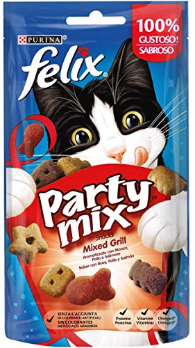 Purina Felix Party Mix Katzensnack Mixed Grill mit Rind, Huhn und Lachs, 8 Packungen à 60 g