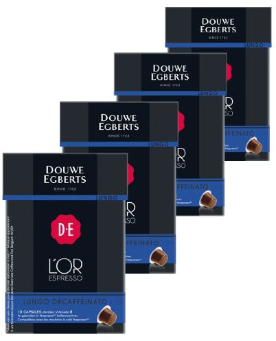 Douwe Egberts L´OR Espresso Lungo Decaffeinato, Lot de 4, 4 x 10 Capsules, Machines à Café Nespresso compatibles
