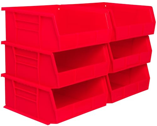 Akro-Mils 30235 AkroBins Plastic Storage Bins, Space-Saving Stackable Bins for Garage, Pantry, Craft Organization, 11 x 11 x 5, Red, 6-Pack