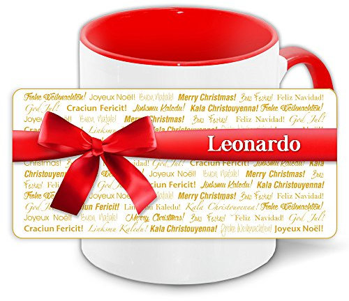 Weihnachtstasse mit Namen Leonardo und Motiv „Nr. 4“ mit gelb-goldenem Text „Frohe Weihnachten“ in vielen Sprachen