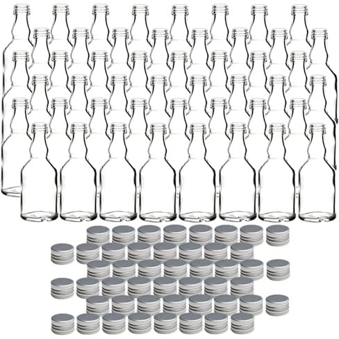 gouveo Set 48 bottiglie in vetro 50 ml Mina con tappo a vite argento - mini bottiglia da 0,05 l per riempimento - bottiglie in vetro per liquore, olio o per l'artigianato (MFM050S)