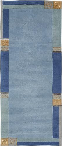 -LUXOR- living Teppich Wolle Manali, Nepalteppich, Kurzflor, handgeknüpft, Bordüre Wollteppich, für Schlafzimmer und Wohnzimmer, 80 x 300 cm Blau