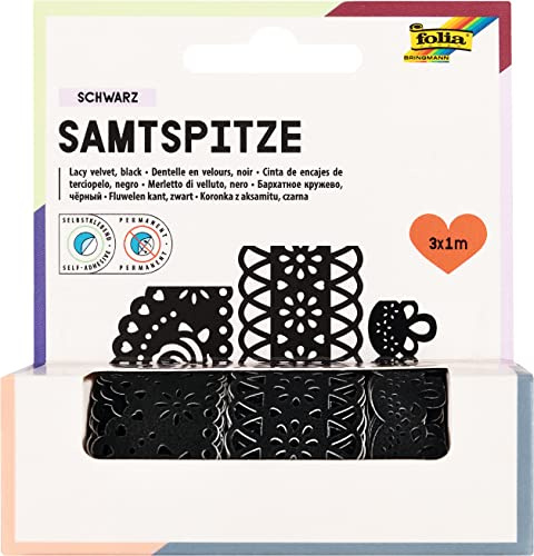 folia 12700 - Samtbordüren Folklore 3 Rollen, sortiert, selbstklebend - ideal zum Verzieren von Wohnaccessoires, Bastelarbeiten und Karten, Schwarz