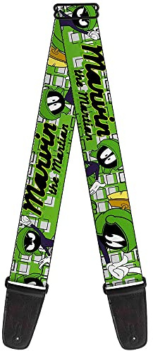 Looney Tunes Guitar Strap, Marvin the Martian Poses White Green, 2 Inches Wide