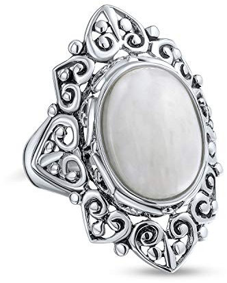 Westlicher Schmuck Boho Bali Vintage-Stil Großer Edelstein Filigran Oval Cabochon Rüstung Vollfinger Statement Regenbogen Natürlicher Mondsteinring für Frauen Oxidiertes .925 Sterlingsilber