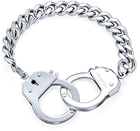 Bling Jewelry Biker-Schmuck Paare Handschellen Statement Armband Für Männer Kubanische Panzerkette Silberton Edelstahl 8,5 Zoll