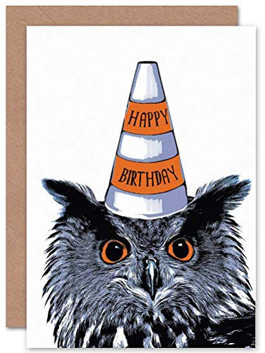Wee Blue Coo Happy Birthday Owl Traffic Cone Hat Fun Gift Sealed Greeting Card Plus Envelope Blank inside