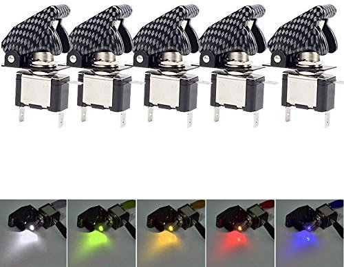 Mintice 5 Pezzi Auto Motore 12V 20A Rosso Blu Verde Giallo Bianca Fibra di Carbonio Coprire Luce LED Rosso Interruttore a Levetta Pulsante On off