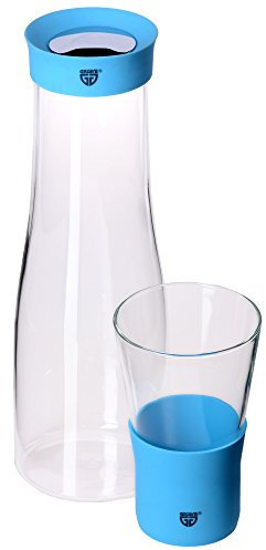 GRÄWE Glaskaraffe 1 Liter mit Trinkglas 0,3 Liter - Ausgießer aus Silikon, blau, Verschluss aus Edelstahl