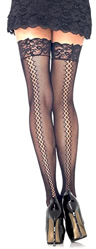 LEG AVENUE Damen Thigh Stockings With Diamond Twist Back Seam LEG AVENUE Stay Up Micro Net Strümpfe Highs, Schwarz, Einheitsgröße EU