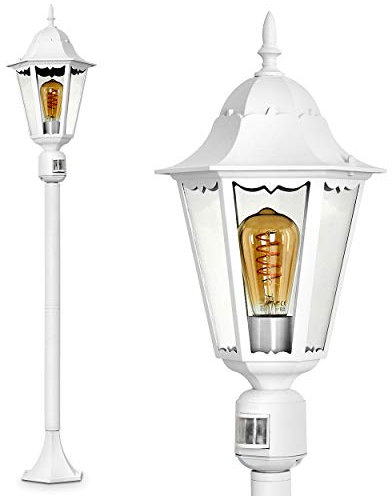 Lampe d'extérieur Hongkong avec détecteur de mouvement, lampadaire au look antique, fonte d'aluminium en blanc avec verre, lampe d'allée 122 cm, lampe de jardin rétro/vintage, E27, IP44, sans ampoules