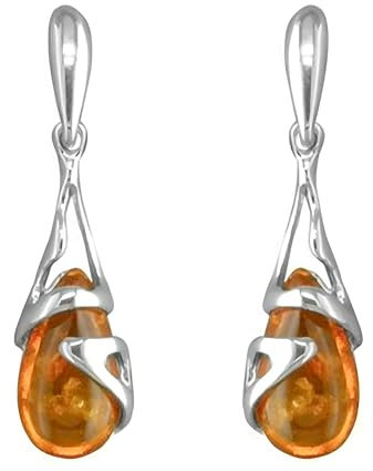 Fancy Cradled Teardrop Baltic Honey Amber Sterling Silver Dangly/Drop Earrings for Women/Girls - Unusual Art Deco Stud Earrings - Amber Jewellery. 080415