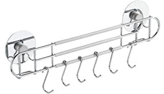 WENKO TurboFIX Küchen-Reling mit 6 Haken - Befestigen ohne bohren, verchromtes Metall, 31.5 x 9.5 x 5 cm, Silber glänzend