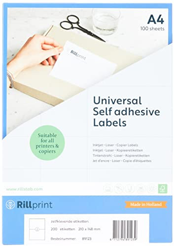 Rillprint Vielzweck Etiketten Selbstklebend - 200 Stück – 210 x 148 mm - 2 Klebeetiketten pro A4-Blatt - Bedruckbar & Abziehbar - Universal Adressaufkleber - 100 Blatt, Weiß