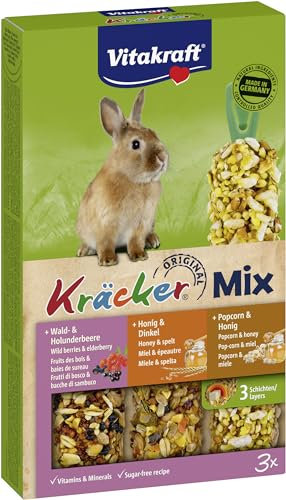 Vitakraft Kräcker Mix, Nagersnack, für Zwergkaninchen, mit Waldbeere, mit Honig, mit Popcorn, ohne Zusatz von Zucker und Getreide (1x 3 Stück)