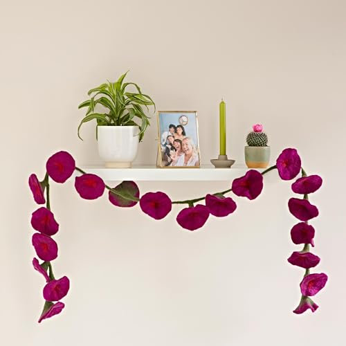 Paper High Handcrafted Felt Flower Garland | 160cm Long with 20 Flowers | Hand Felted Hanging Decoration | Garden Garlands and Bunting Alternative | Mantelpiece Display (Purple)