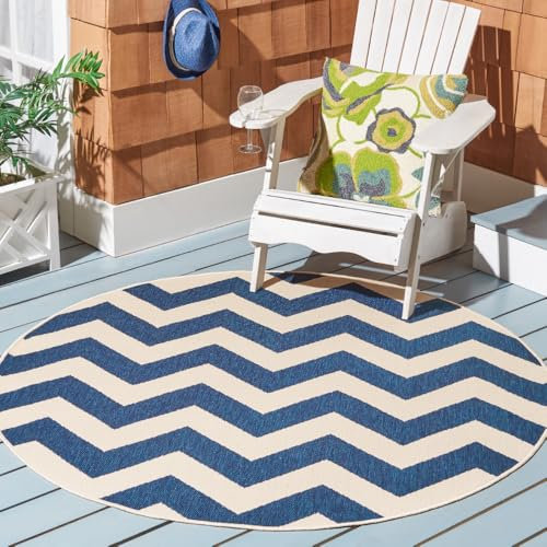SAFAVIEH Washable Rug Outdoor Courtyard Collection - 5'3 Round, Navy & Beige, Non-Shedding & Easy Cleaning, Ideal for Patio, Backyard, Mudroom (CY6244-268)