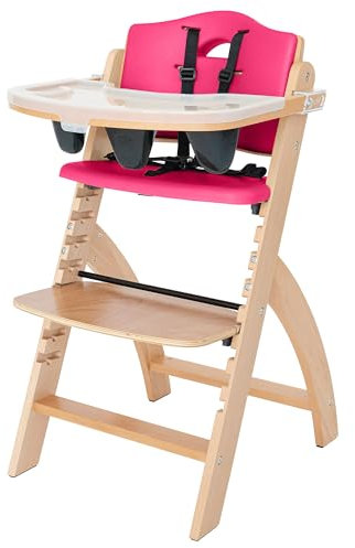 Abiie Beyond Junior Convertible Wooden High Chairs for Babies & Toddlers. 3-in-1 Adjustable High Chair with Removable Tray, Easy to Clean, Portable. 6 Months up to 250 Lb. Natural Wood/Pink Cushion