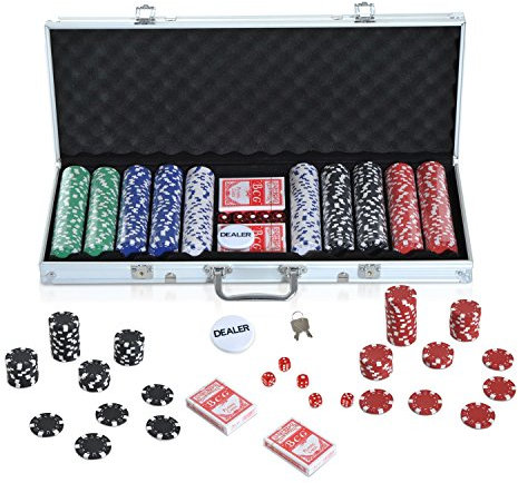 HOMCOM Maletín de Poker Profesional de Aluminio con 500 Fichas Juego Set de Poker Casino con 5 Dados 2 Barajas de Cartas y 1 Ficha de Crupier 55,5x22x6,5 cm Multicolor