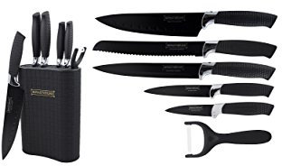 ROYALTY LINE, RL6MSTR, Set of 5 Stainless Steel Knives with Block, Modern Design, Cutting Comfort, Ceramic Coating, Including Peeler - Size: Standard, Color: Pink/Red