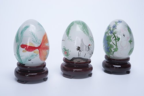 Urban Lifestyle Glaseier Set bestehend aus 3 handbemalten Glas-Eiern (Hase + Fisch + Kranich)