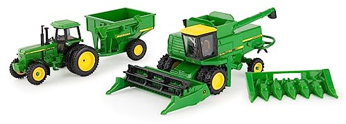 John Deere 1/64 Scale 5 pc Harvesting Set 4555 Tractor, 7720 Combine w/2 Heads, 500 Grain Cart