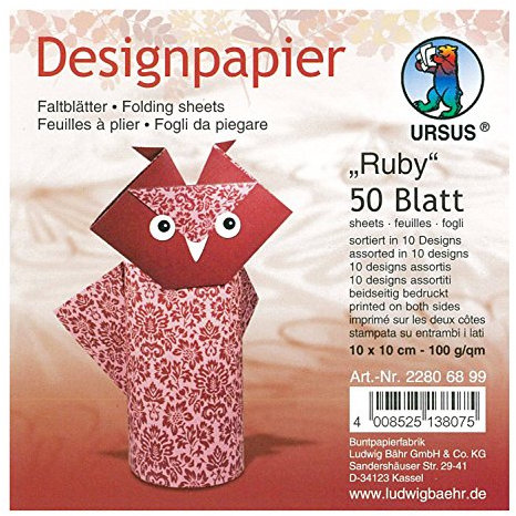 Ursus 22806899 - Designpapier Ruby, 50 Blatt in 10 verschiedenen Motiven, ca. 10 x 10 cm, 100 g/qm, beidseitig bedruckt, ideal zum Falten von kreativen Origami Tieren
