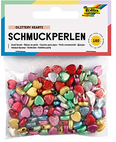 folia 1260 - Schmuckperlen Glittery Hearts, glatt/geprägt, ca. 160 Stück, farbig sortiert - ideal zum Verzieren von Grußkarten, Scrapbooking und anderen Bastelarbeiten
