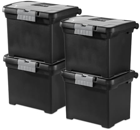 Sterilite 4-Pack Portable File Box, Stackable Container for Letter Hanging Folders, Black - Paper Document Plastic Storage Organizer with Latching Lid for Home, Office, and Dorm Organization