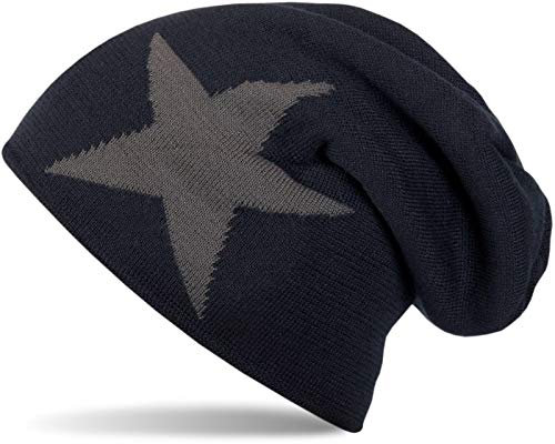 styleBREAKER warme Klassische Strick Beanie Mütze mit Stern und sehr weichem Innenfutter, Unisex 04024026, Farbe:Dunkelblau