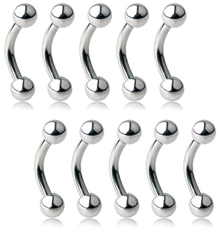 Ruifan Lot of 10 Eyebrow Piercing Jewelry Curved Barbell with Ball Kit Eyebrow Tragus Lip Ring 16g 16 gauge 6mm