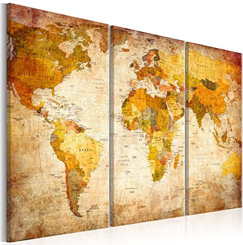 B&D XXL Weltkarte Pinnwand 90x60cm zum Pinnen & Vlies Leinwand Bild XXL Bilder mit Kork Rückwand 3 Teilig Kunstdruck Korktafel Korkwand Memoboard Pinboard Wandbilder Karte Landkarte Wand k-B-0020-p-a