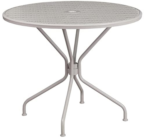 Flash Furniture Oia Terrassentisch aus Stahl für drinnen und draußen, 89,5 cm, rund, mit Schirmloch, Hellgrau